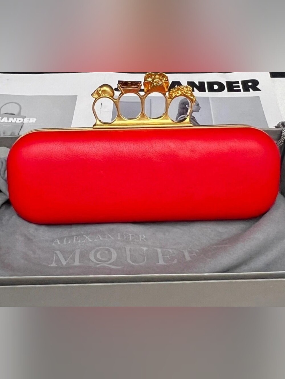 ALEXANDER MCQUEEN Red & Orange Knuckle Box Clutch Bag W/Original Dust Bag & Box